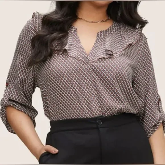 Gingham Ruffle Trim Tab Sleeve Blouse - Picture 4 of 10